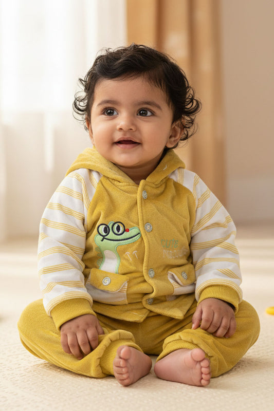 Adorable Yellow Velour Baby Set: "Cute Crocodile" Hooded Jacket & Pants