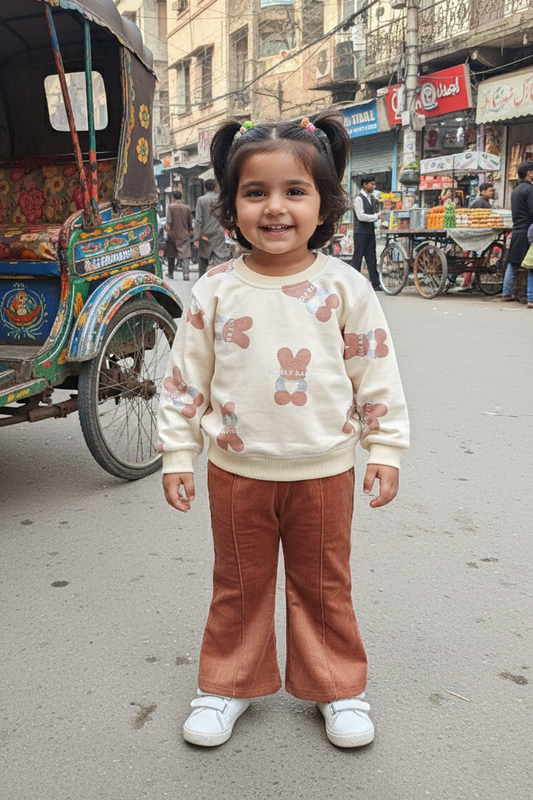Off-White Sweatshirt and Camel Brown Trousers Set for Girls