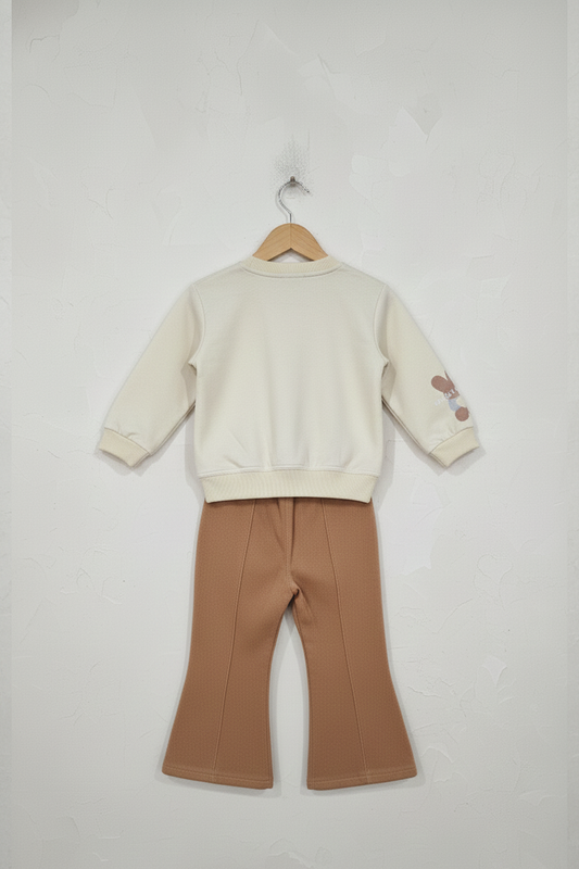Off-White Sweatshirt and Camel Brown Trousers Set for Girls