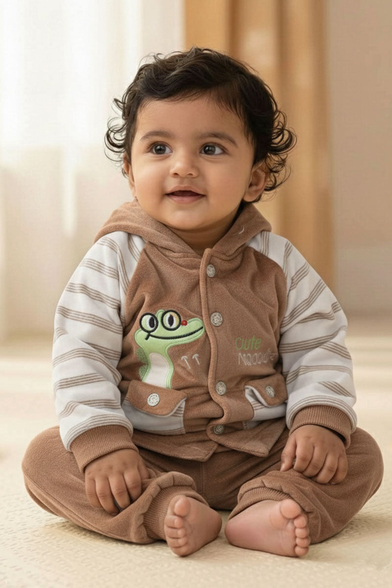 Adorable Brown Velour Baby Set: "Cute Crocodile" Hooded Jacket & Pants