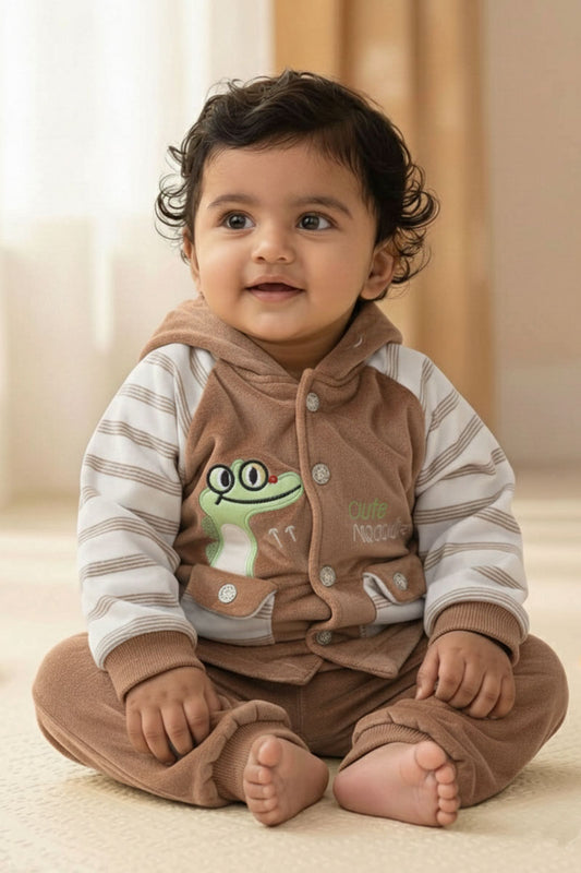 Adorable Brown Velour Baby Set: "Cute Crocodile" Hooded Jacket & Pants