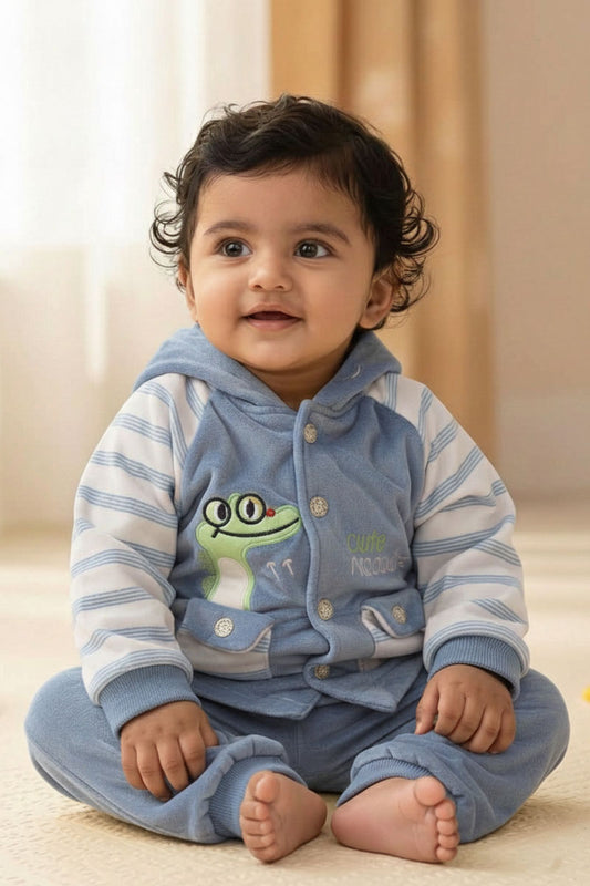 Adorable Grayish Blue Velour Baby Set: "Cute Crocodile" Hooded Jacket & Pants