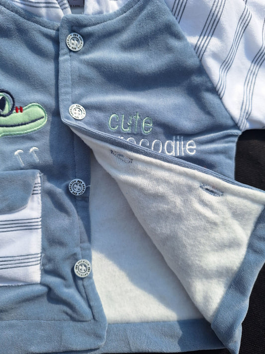 Adorable Grayish Blue Velour Baby Set: "Cute Crocodile" Hooded Jacket & Pants