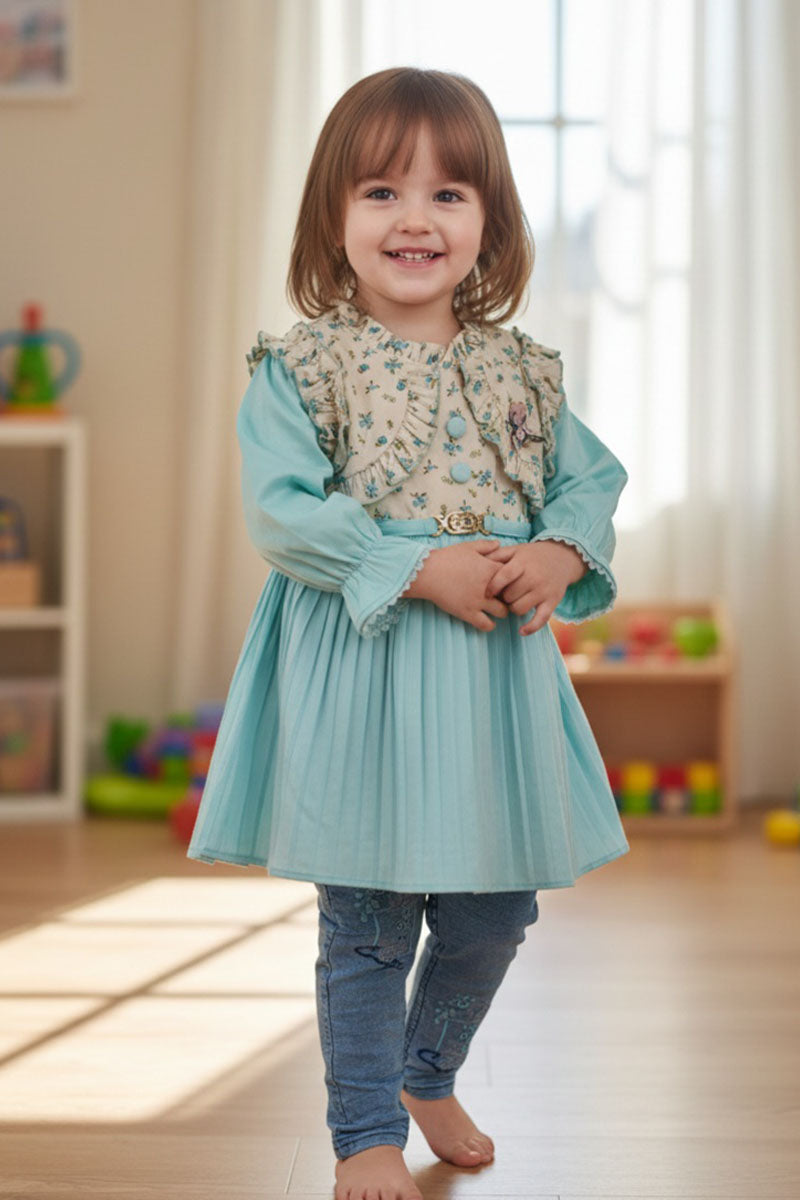 Aqual Blue Valvet Floral Ruffle tunic & embroidered denim girls dress Large (L) size