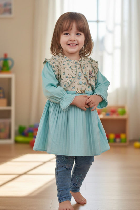 Aqual Blue Valvet Floral Ruffle tunic & embroidered denim girls dress Large (L) size