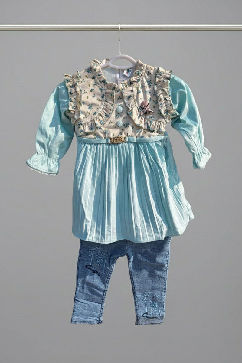 Aqual Blue Valvet Floral Ruffle tunic & embroidered denim girls dress Large (L) size