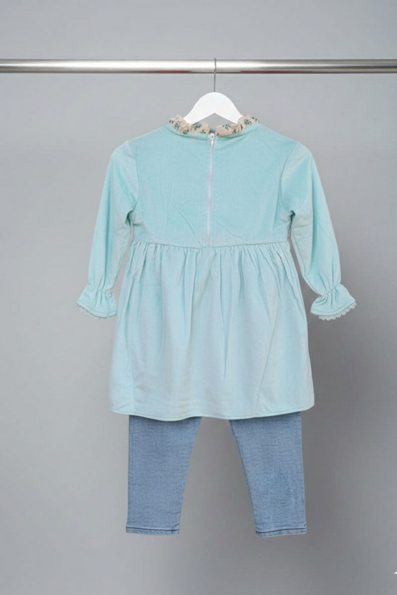 Aqual Blue Valvet Floral Ruffle tunic & embroidered denim girls dress Large (L) size