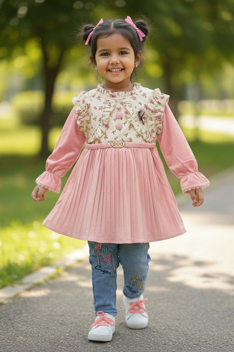 Pink Valvet Floral Ruffle tunic & embroidered denim girls dress Small (s) size