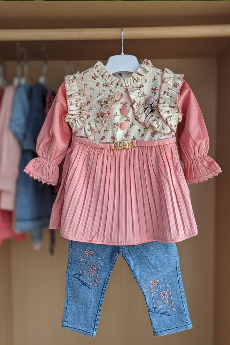 Pink Valvet Floral Ruffle tunic & embroidered denim girls dress Small (s) size