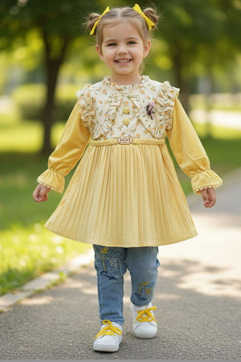 Yellow Valvet Floral Ruffle tunic & embroidered denim girls dress Medium (M) size