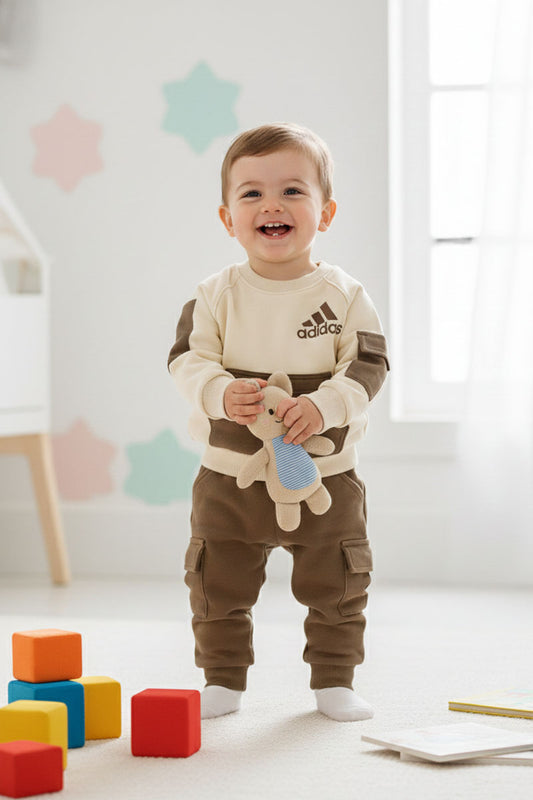 Cream & Brown Cargo Sweat Set for Boys (1–3 Years)