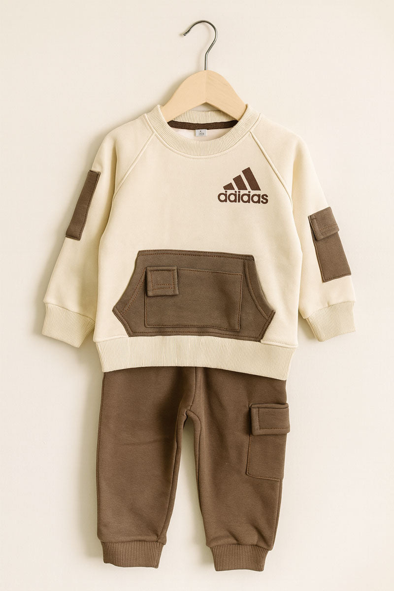 Cream & Brown Cargo Sweat Set for Boys (1–3 Years)