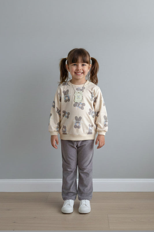 Grey & Off-White Sweatshirt and Trousers Set for Girls
