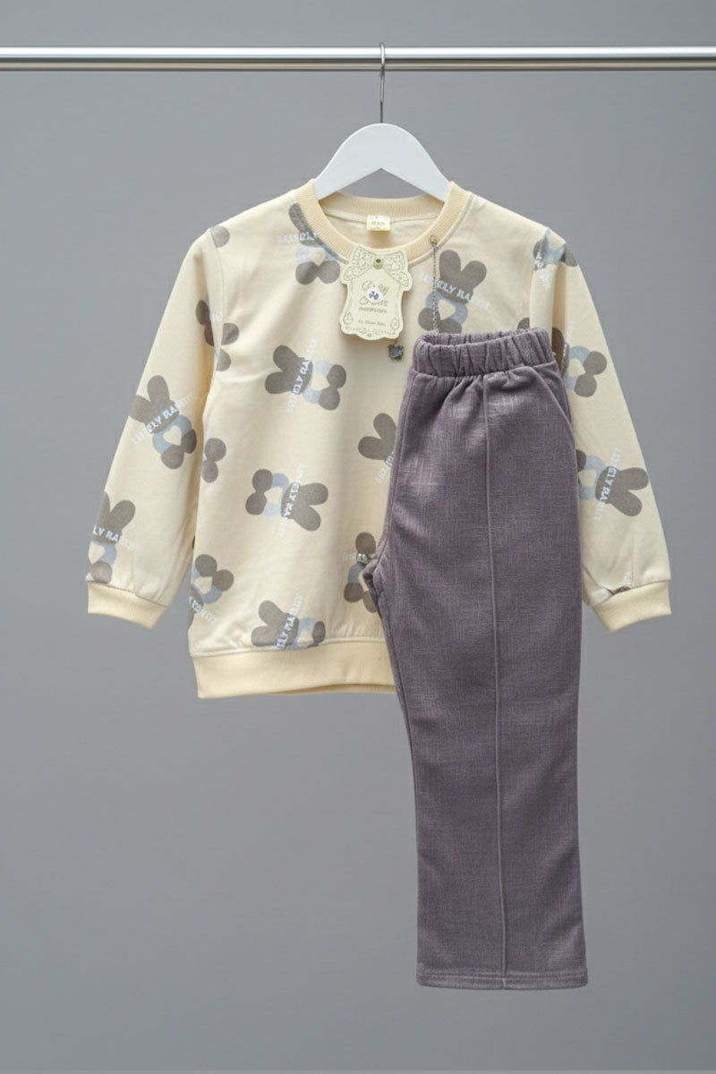 Beige & Grey Sweatshirt and Trousers Set for Girls