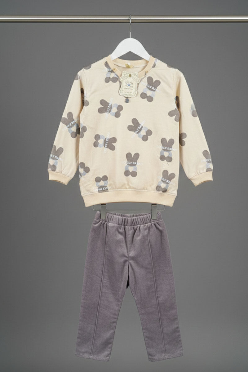 Beige & Grey Sweatshirt and Trousers Set for Girls