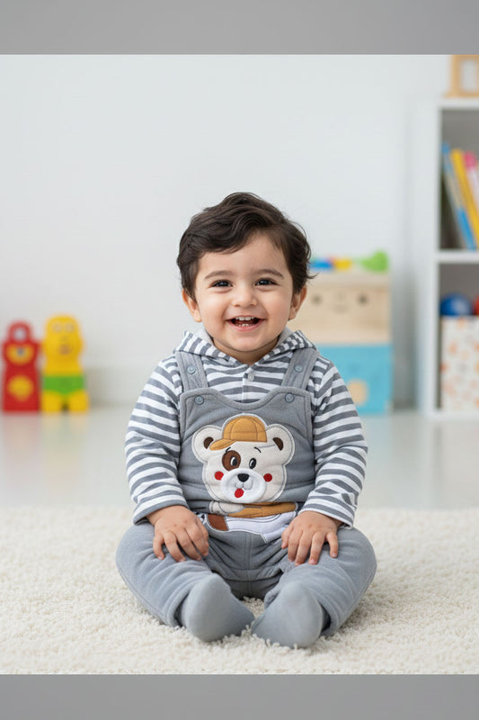 Cuddle-Ready Bear Cub Overalls Set - Cozy Gray Stripes