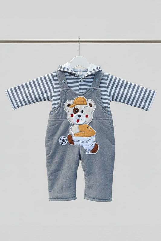 Cuddle-Ready Bear Cub Overalls Set - Cozy Gray Stripes